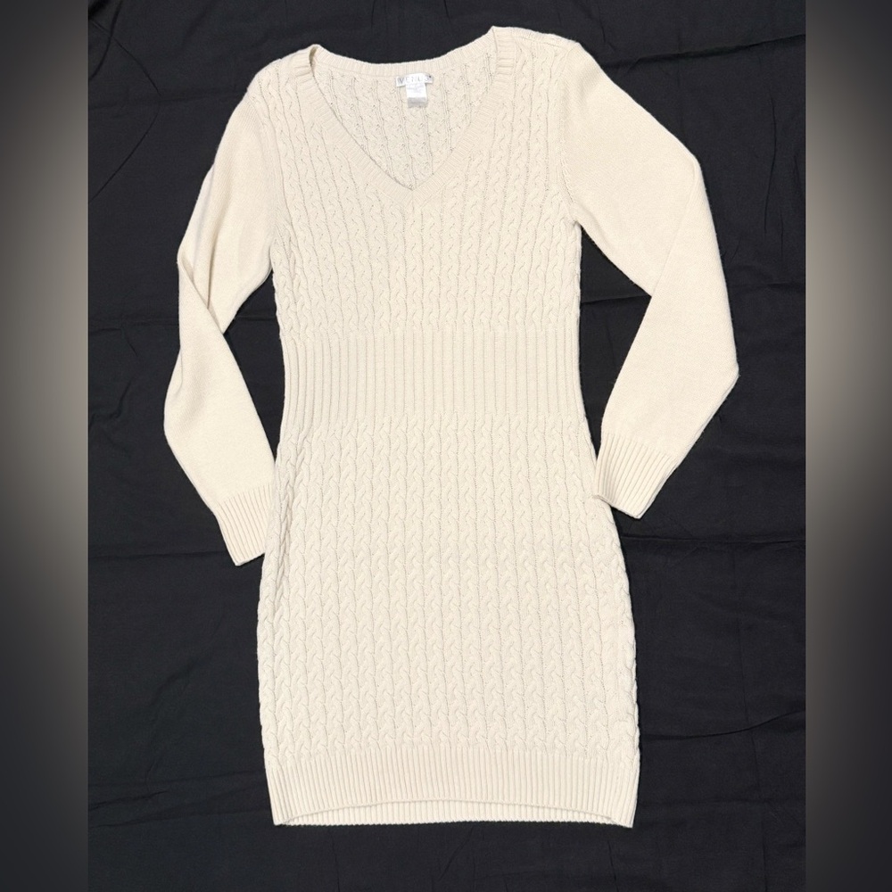 VENUS Cream V-Neck Cable Knit Sweater Dress